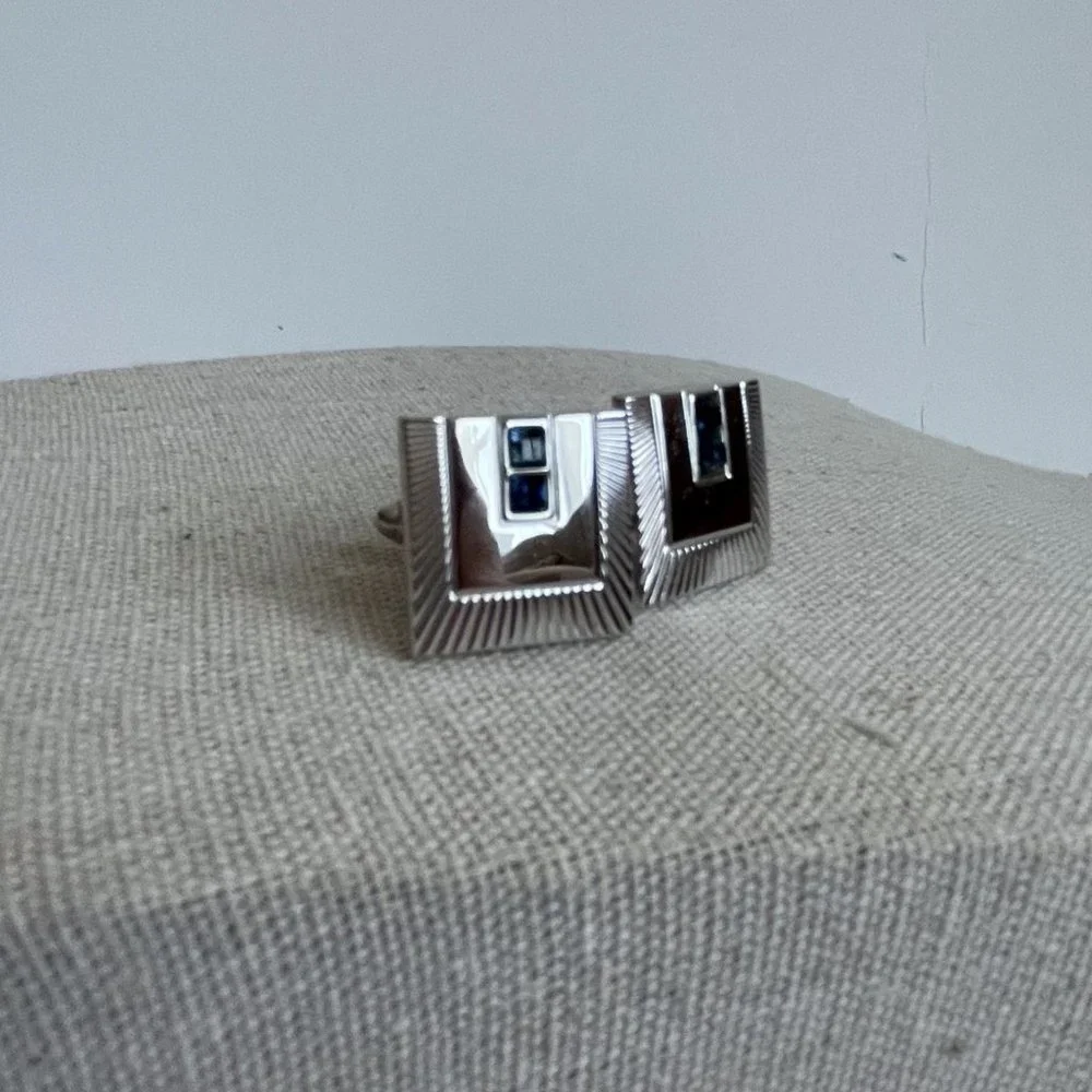 Vintage Shields Signed Silver Tone Blue Rhinestone Cuff Links
